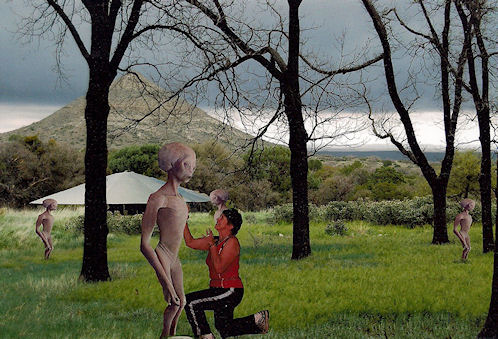 Eve DeLange Pleading Not To Be Abducted  By Space Aliens In A Flying Saucer. International UFO Museum & Research Center. Roswell, New Mexico. Hikes, Travels, & Tours. Photos, Pictures, Images, & Reviews.