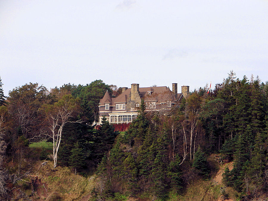 Alexander Graham Bell's Mansion, Beinn Bhreagh; From The 'Amoeba' As We Sail The Bras D'or Lakes at Baddeck, Nova Scotia with Amoeba Sailing Tours. Travels, Tours, Photos, Pictures, Images, Information, & Reviews.