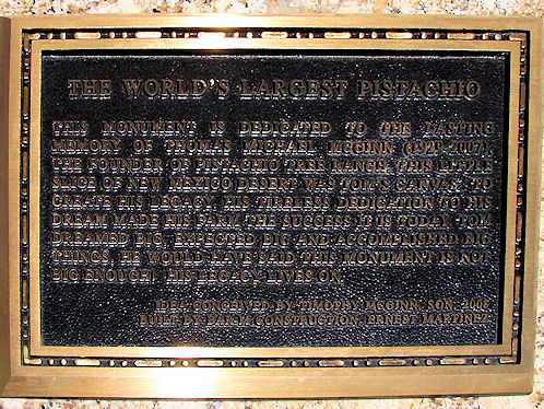 Plaque Honoring The Memory Of  Tom McGinn, Founder Of  McGinn's Pistachio Tree Ranch. Worlds Largest Pistachio, Alamogordo, New Mexico. Hikes, Travels, & Tours. Photos, Pictures, Images,& Reviews.